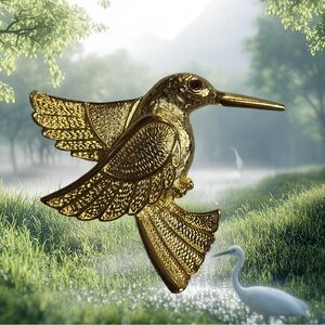 Vintage Elegant Gold Toned Hummingbird Brooch with Red Rhinestone Eye